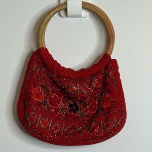 Embroidered and Beaded Red Handbag with Wooden Handles